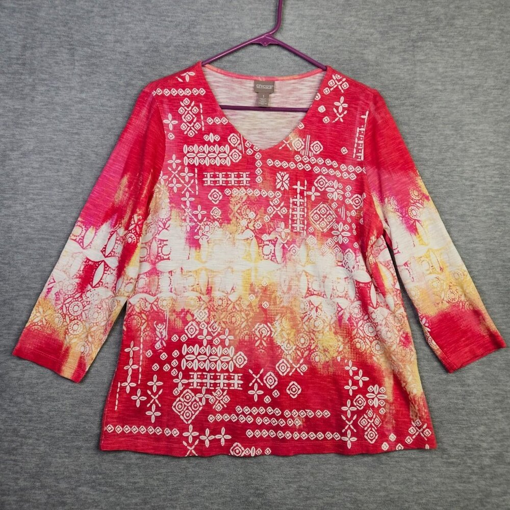 Chicos Brilliant Art Deco Multicolor 3/4 Sleeve V-Neck Women's Tee Size 1